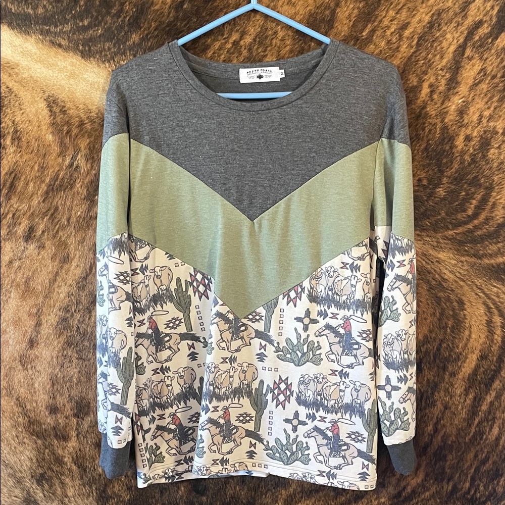 Crazy Train Gray and Green Western Patterned Sweater